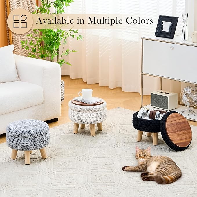 LGENHOOM Round Storage Ottoman Foot Rest Cotton Braided Foot Stool Pouf Ottoman with Solid Wood Legs Footstool with Storage Shoe Changing Stool for Living Room White