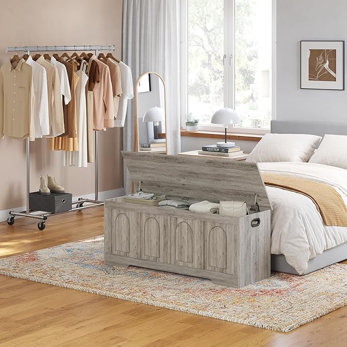 DINZI LVJ Storage Chest, 47.2" Rattan-Like Toy Box with 2 Safety Hinges, Wooden Entryway Storage Bench with Flip-Top, Large Trunk for Living Room, Bedroom, Easy Assembly, Gray Wash