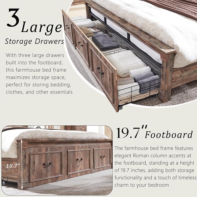 Farmhouse King Size Bed Frame with 51" Tall Headboard, Wood Platform Bed Frame with 20" Tall Roman Column Decoration Footboard & 3 Large Storage Drawers, No Box Spring Needed (Light Brown)