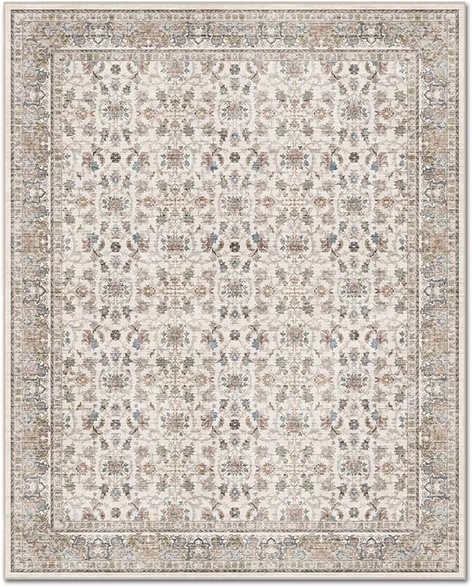 Washable 8x10 Area Rugs for Living Room, Boho Non-Slip Vintage Distress Large Rugs for Bedroom Dining Room Nursery Office, 0.3" Neutral Oriental Throw Thin Carpet, Cream/Blue/Orange/Multi
