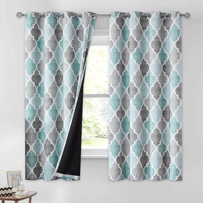 Beauoop 100% Blackout Curtains 54 Inches Long 2 Panels for Bedroom Living Room Aqua Grey Moroccan Geo Room Darkening Thermal Insulated Soundproof Grommet Top Window Treatments Drapes, 50x54 Set of 2