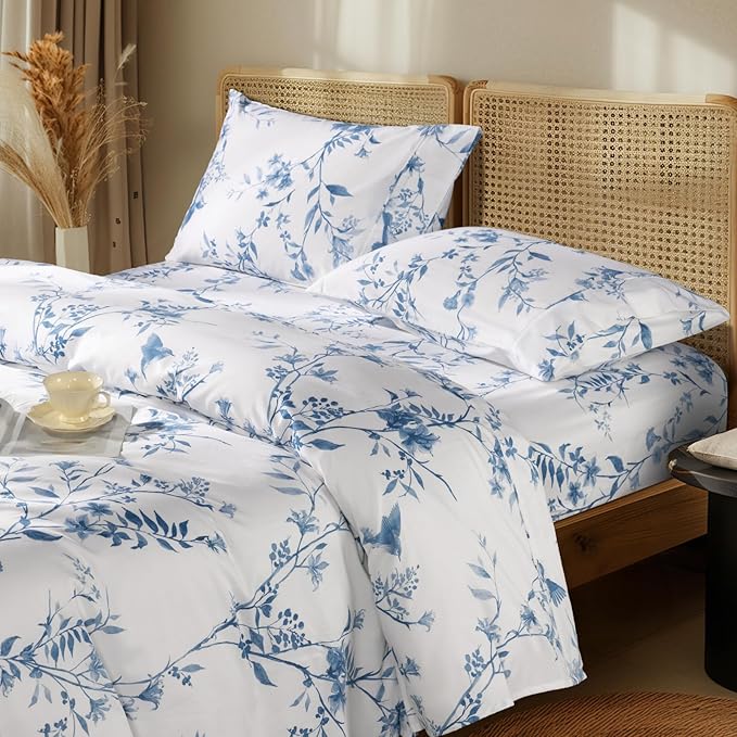 LBRO2M 1000 Thread Count Sheets 100% Egyptian Cotton Bedding Set Floral King Size Sheets 16 Inches Deep Pocket Bedding 4 Piece Sets (King, Blue Bird)