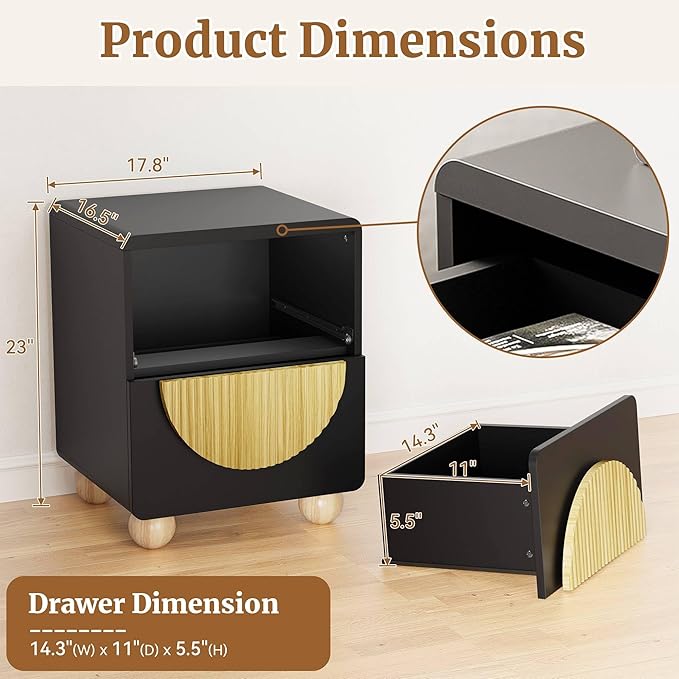 23" Black Nightstand with Solid Wood Legs Set of 2, Modern Style Fluted Bedside Table with Round Moon Handle & Storage, Mid Century Night Stand for Bedroom, Side Table, End Table