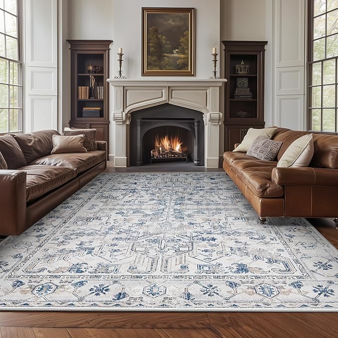 jinchan Lima 9x12 Machine Washable Area Rugs for Living Room - Vintage Floral Stain Resistant Low Pile Ultra-Thin Non Slip Accent Rug for Bedroom Kitchen Dining Room Home Office (9x12ft, Blue)