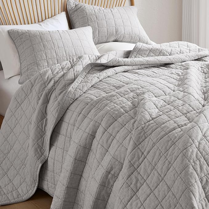 Hyde Lane Luxury Linen Quilt Set Queen Size, Organic European Flax Cotton Blend Bedding for Bedspread and Coverlet, Box Stitched, with 2 Pillow Shams, 90"x96", Grey
