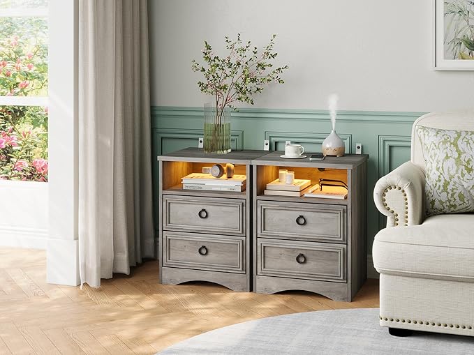 Large Nightstand Set of 2 with Drawers,17.7"W Accent Night Stand with Charger Station LED Lights, Bed Side Table with 2 Drawers, End Table with Easy Open Storage for Bedroom, Living Room,Gray