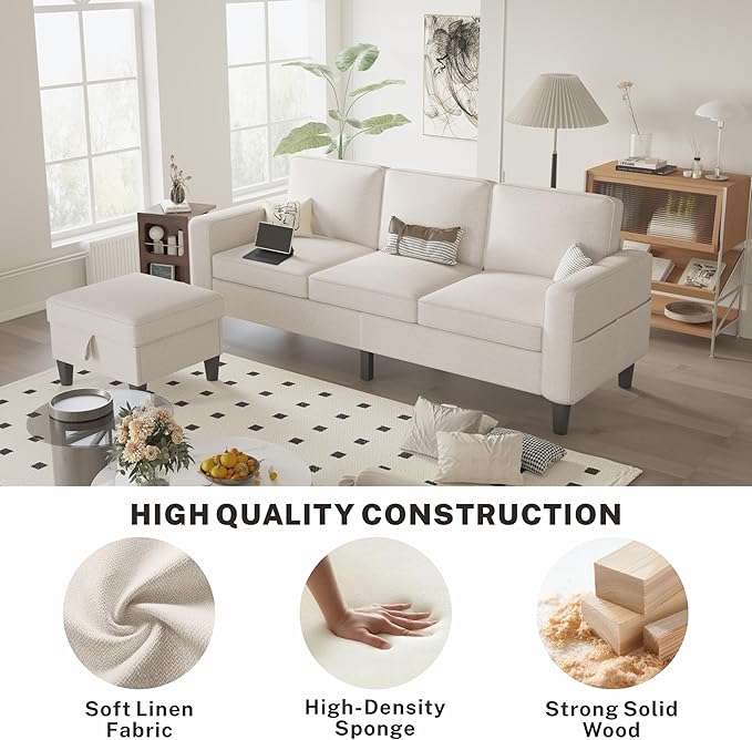 ZeeFu Sectional and Sofa Couches for Living Room - 78'' 3 Seater L-Shaped Modular Couch with Storage Ottoman - Modern Velevt Fabric Upholstered Sofa Set for Small Space Apartment Office