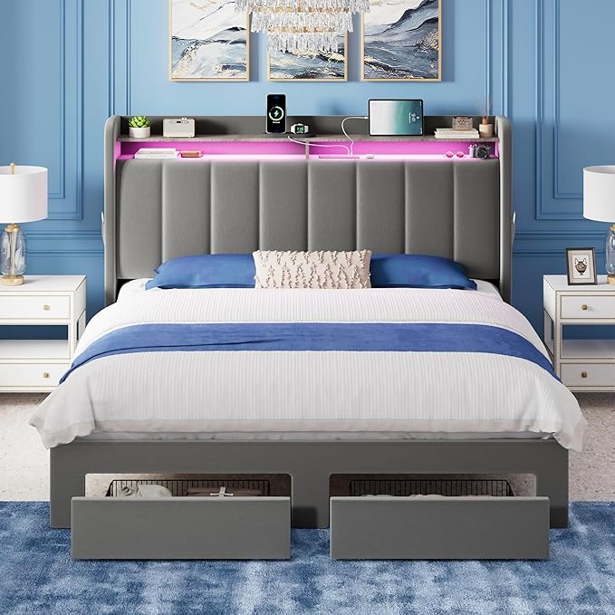 Allewie Velvet Vertical Tufted Full Size Upholstered Platform Bed Frame with 2-Tier LED Storage Headboard & 2 Storage Drawers, USB & Type-C Charging Ports, Noise-Free/No Box Spring Needed, Grey