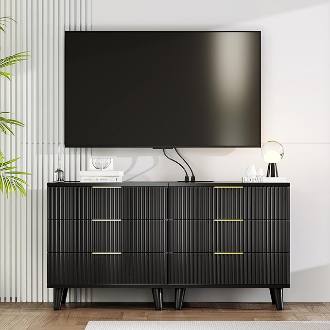 Fluted Night Stand Set of 2 with USB Charging Station, 3-Drawer Dresser Black Wood Modern Night Stand Bedside Table with Quiet Drawers & Large Storage End Table for Bedroom