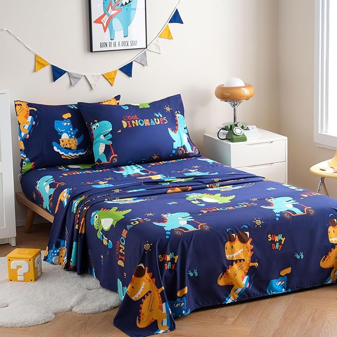 JSD Blue Dinosaur Kids Sheet Set Full Size, 4 Piece Sports Printed Microfiber Sheets Deep Pocket