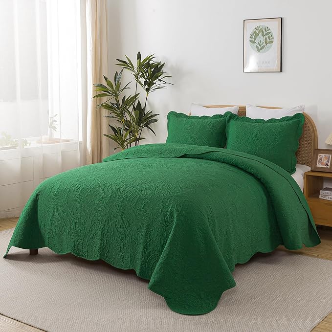 HoneiLife King Size Quilt Sets - 3 Piece Microfiber Quilt Set Lightweight Bedspreads Reversible Coverlets Rustic Bed Cover King Quilt Bedding Set All Season Quilts-Green