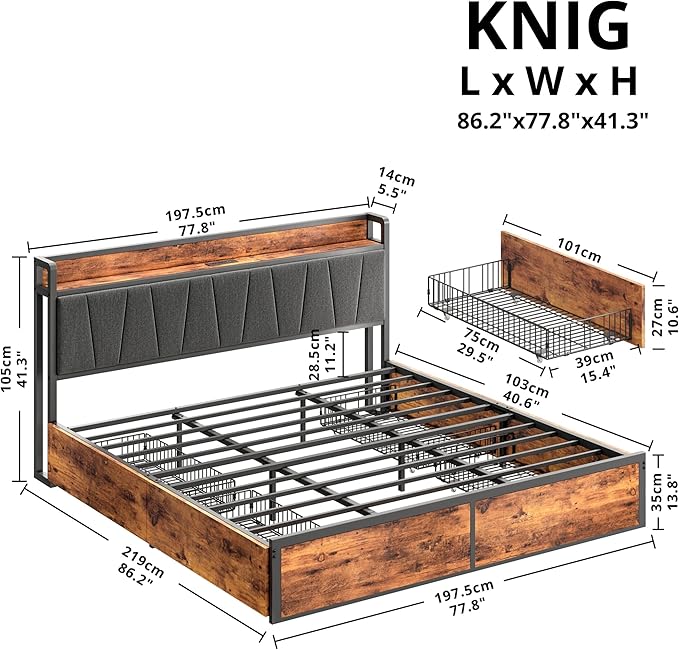 LIKIMIO King Bed Frame with 4 Storage Drawers, Platform Bed with Charged Headboard, Sturdy and Stable, No Noise, No Box Spring Needed, Easy to Install, Vintage Brown and Gray