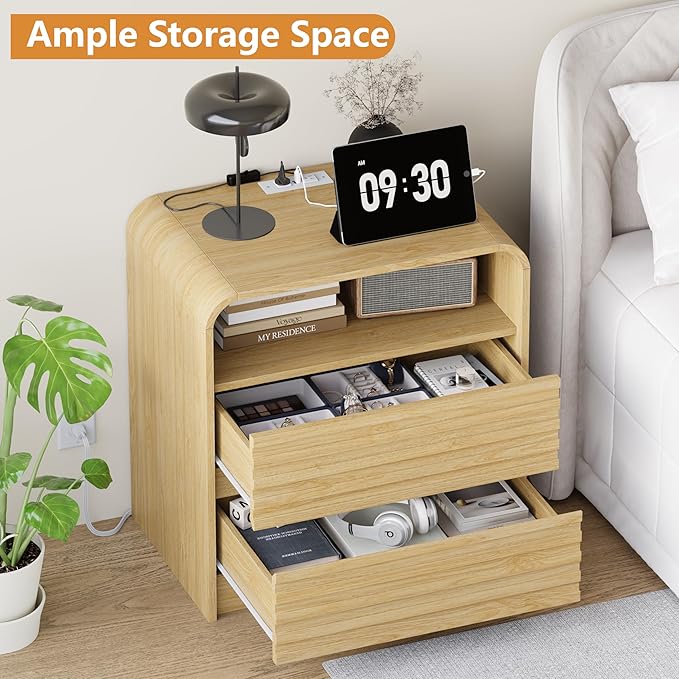 24" Wide Modern Fluted Nightstand with Charging Station Set of 2, Wood Bedside Table with Drawers, Mid Century End Table Nigthstand with Curved Profile Design for Bedroom, Living Room, Natural Oak