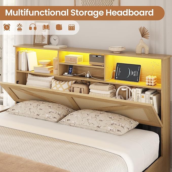 VIAGDO Rattan Bed Frame Full Size with Bookcase Storage Headboard, Charging Station and LED Lights, Wooden Full Bed Frame with 4 Drawers, Barn Door Design, No Box Spring Needed, No Noise, Natural