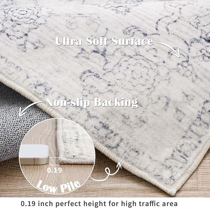 jinchan 6x9 Machine Washable Area Rugs for Living Room – Vintage Floral Soft Stain Resistant Low Pile Rug, Non Slip Ultra-Thin Carpet for Bedroom, Dining Room, Home Office, Nursery (6'x9', Ivory)