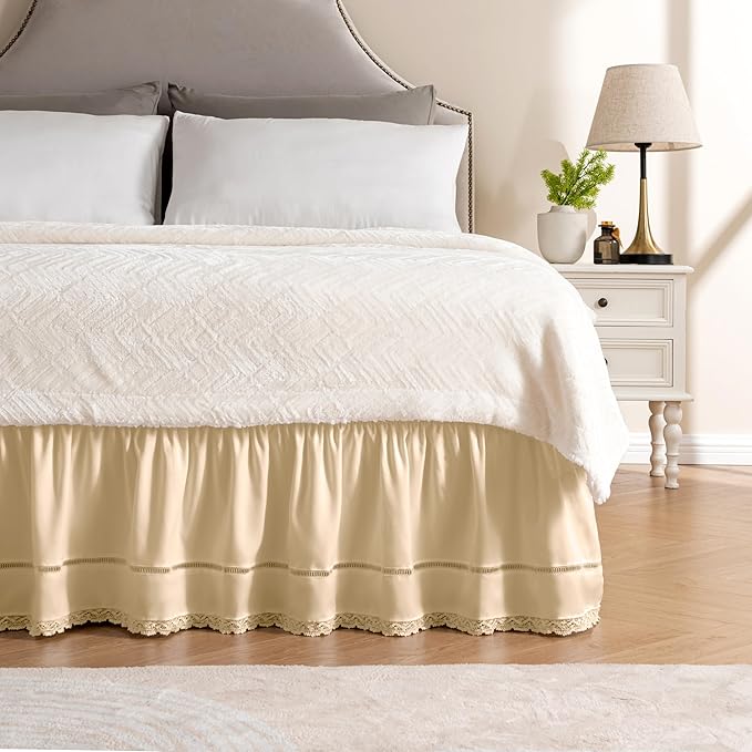 MIYE Wrap Around Ruffled Lace Bed Skirt, Elastic Dust Ruffle with Adjustable Belts, Easy to Put On, Bed Frame Cover, Machine Washable (Floral Lace/Light Beige, King/Queen-12.5" Drop)
