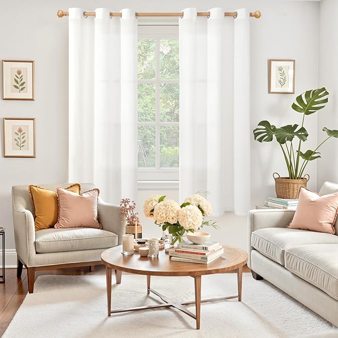 YoungsTex White Linen Semi Sheer Curtains 63 Inch Length 2 Panels, Grommet Light Filtering Drapes Textured Window Treatments for Bedroom Living Room Lightweight, 42 X 63 Inch