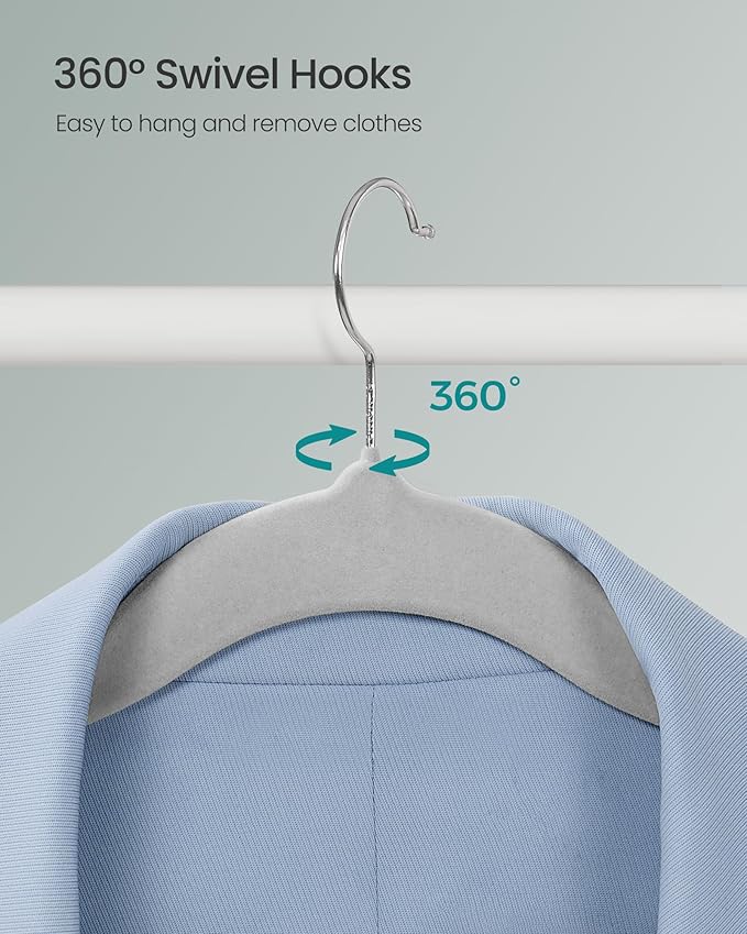 SONGMICS Velvet Hangers 100 Pack, Non-Slip Clothes Hangers with Silver-Colored Swivel Hooks, Slim Space-Saving for Closet, Heavy-Duty, Dove Gray UCRF026GD03S
