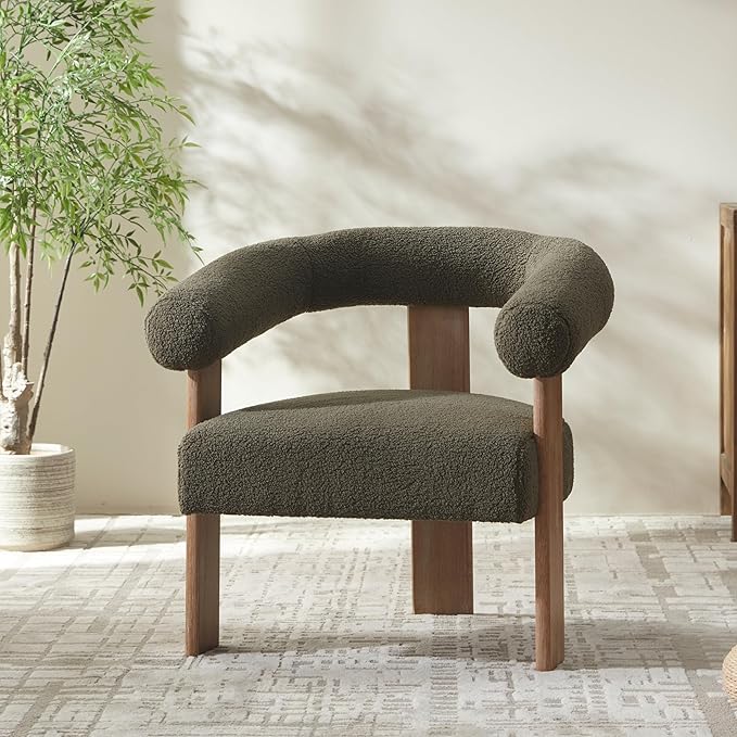 VKNOW Accent Chair Living Room Chair, Modern Upholstered Arm Chair with Solid Wood Legs, Comfy Barrel Accent Chair for Living Room, Bedroom, Green
