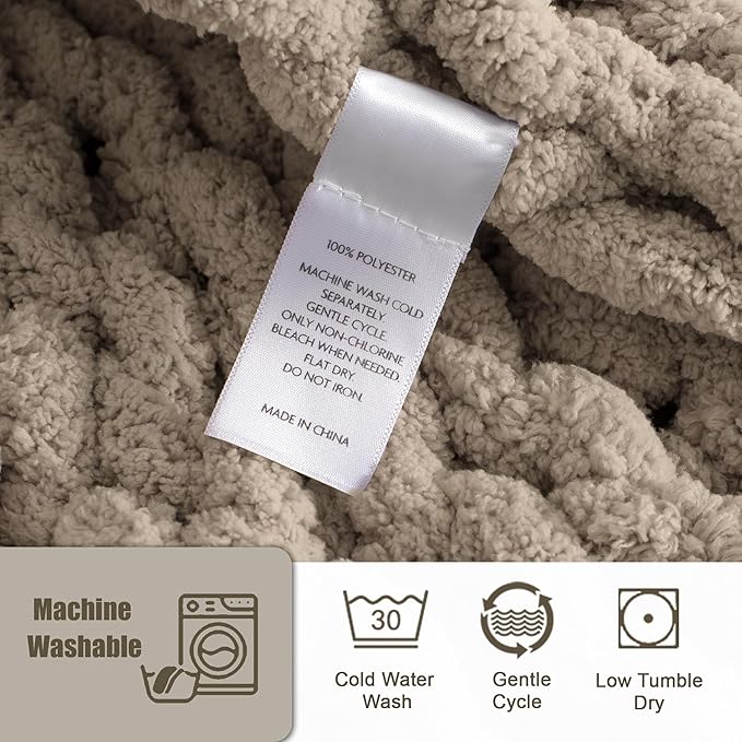 Chunky Knit Throw Blanket 50"X 60", 100% Handmade with Soft Chenille Yarn, 4.4lbs Thick Cable Knitted Blankets, Large Rope Knot Crochet Throws for Couch Sofa Bed Home Decor, Taupe