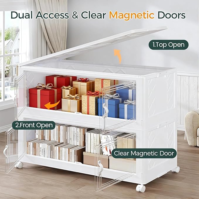 360QT Extra Large Stackable Storage Bins with Lid, 90Gal Collapsible Storage Box with Wheels and Doors, Plastic Closet Organizers and Storage Cabinet for Home Kitchen Office Dorm, 3Pack White