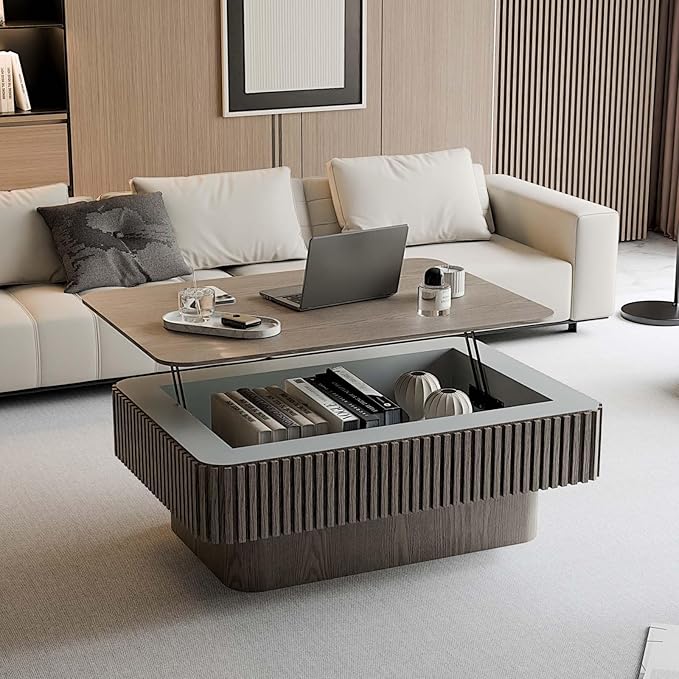 Lift Coffee Table with Storage & Adjustable Height, Rectangle Solid Wood Coffee Table Fluted Center Table Accent Tea Table or Living Room, Apartment, Office (38.6" Grey)