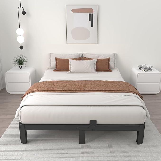 ITIMIDI 4 Inch Full Bed Frame, Platform Bed Frames with Metal Gaskets, No Box Spring Needed, Heavy Duty Steel Slat Support, Anti-Slip Mattress Stopper, Round Corner Leg, Easy Assembly, Black