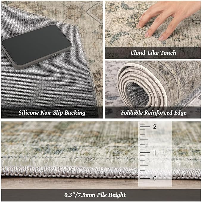 Washable 2x3 Entryway Rug, Boho Non-Slip Door Mat Vintage Distress Small Rugs for Kitchen Nursery Office Bedroom, 0.3" Neutral Oriental Throw Carpet with Cushioning Pad,Flaxen/Brown/Multi