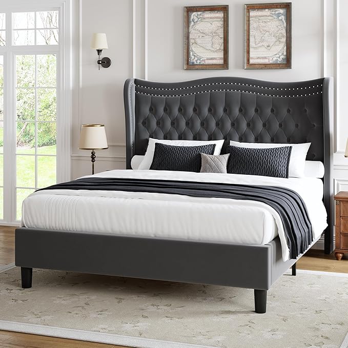 Upholstered Queen Size Bed Frame with Tall Headboard, Velvet Wingback Platform Bed Frame with Deep Button Tufted, No Box Spring Needed, Noise Free, Grey