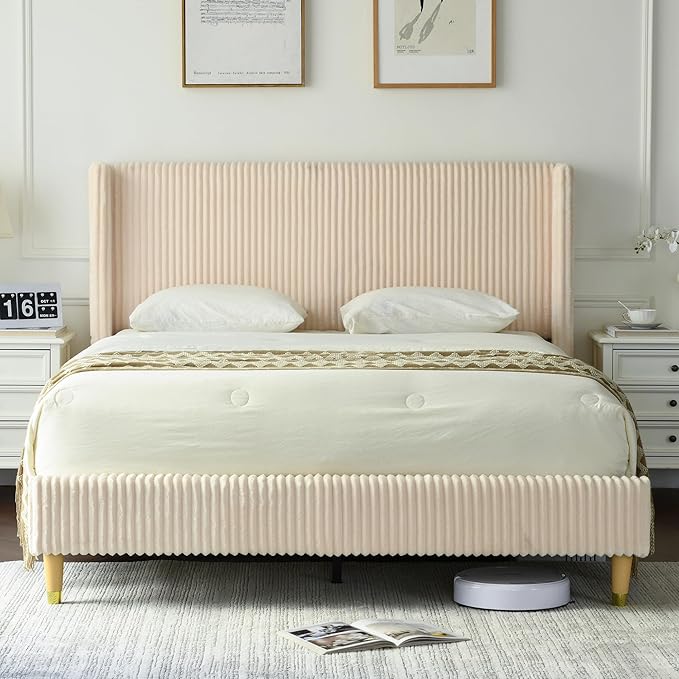 PINJU Queen Size Bed Frame, Upholstered Platform Bed with Modern Vertical Striped Wingback Headboard with Wooden Slats, Easy to Assemble No Noise Free (Beige, Queen (U.S. Standard))