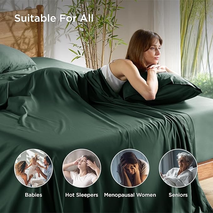 Bedsure King Size Sheets Set, Cooling Sheets for Hot Sleepers, Rayon Derived from Bamboo, Breathable & Soft, Deep Pocket Up to 16 Inches, Hotel Luxury Silky Bedding, Forest Green