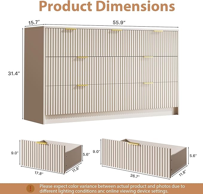 3-Piece Dresser Bedroom Set, 7 Drawer Dresser & 2 Drawer Nightstands with Gold Handles, Fluted Wood Chest of Drawers for Bedroom, Living Room, Entryway, Beige
