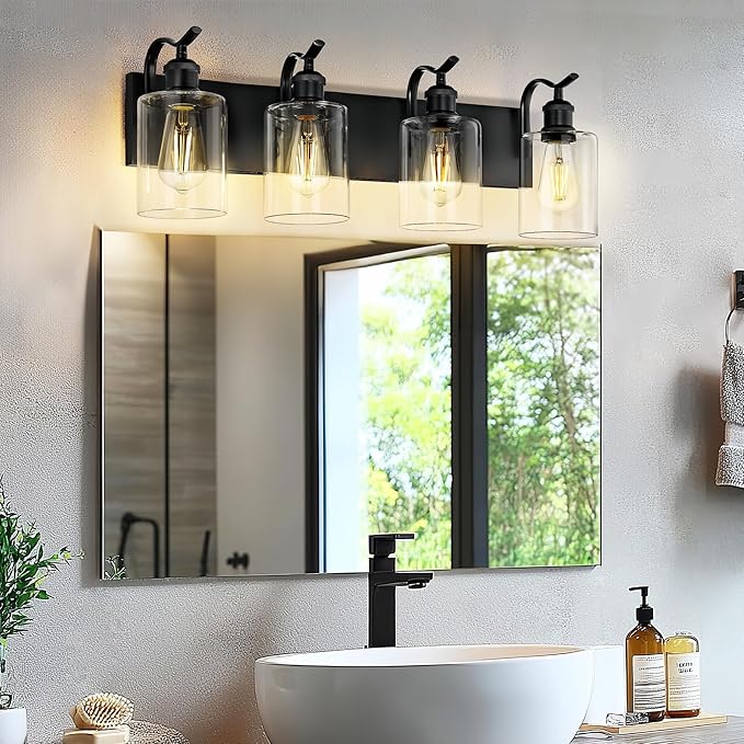 4-Light Black Bathroom Light Fixture Over Mirror, Modern Vanity Light, Clear Glass Wall Sconce, VL01BK-4