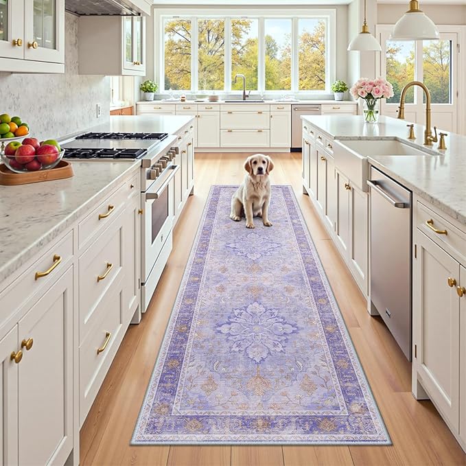 Area Rugs 2'x8' Washable Non-Slip, Floral Vintage Distress Print Pattern Medallion Carpet for Living Room Bedroom Dining Room, Light Purple Brown