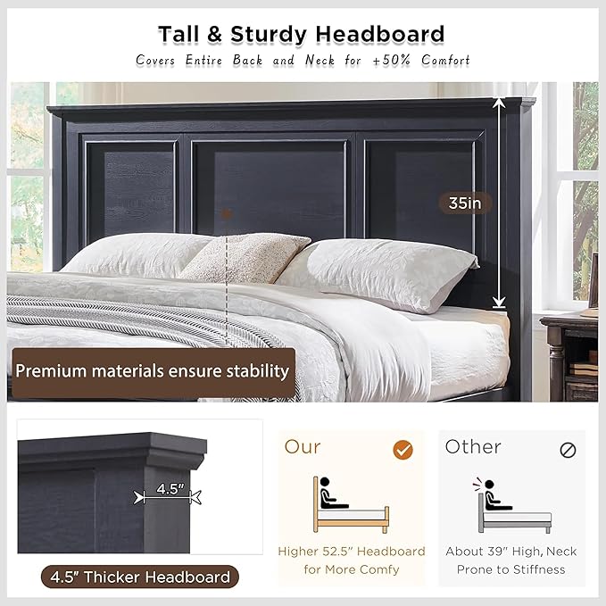 ACCOHOHO Farmhouse Queen Size Bed Frame with 52" Tall Headboard, Wood Platform Bedframe with Footboard and Storage Drawers, No Squeak, No Box Spring Needed, Black