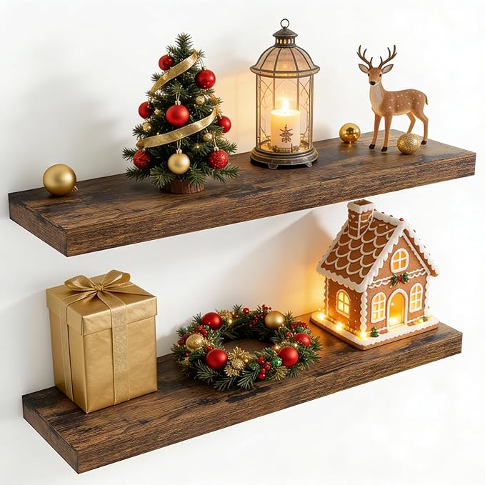 36 Inch Floating Shelves for Wall, 8 Inch Deep Floating Shelf for Storage & Display, Wall Mounted Shelf with Invisible Brackets for Living Room, Kitchen, Bathroom, Home Decor, Set of 2, Rustic Brown