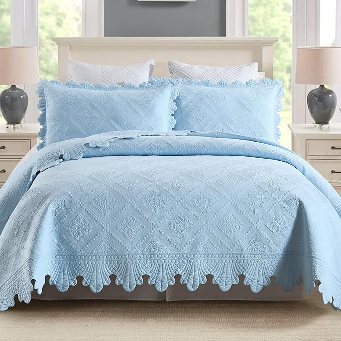 MarCielo 3-Piece 100% Cotton Oversized Bedspread Lightweight Quilt Coverlet Embroidery Farmhouse Bedding Set (TK Light Blue, Oversized Queen (100"x106"))