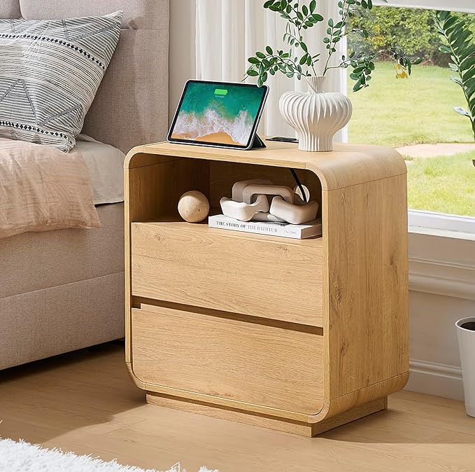 Curved Night Stand Set of 2, 23.2" Large Wood Farmhouse Nightstand with Charging Station & 2 Storage Drawers Bedside Table, Modern End Table for Bedroom, Living Room, Natural