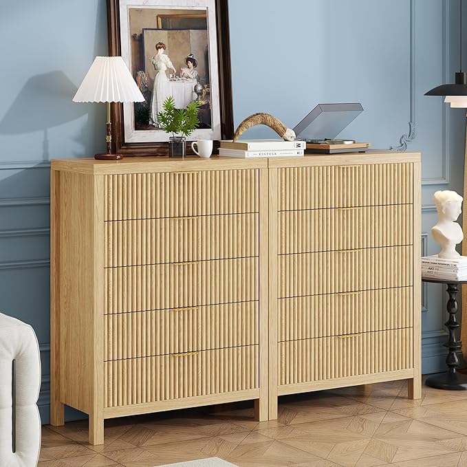 43" 5 Tall Drawer Dresser Organizer TV Drawer Cabinet Modern Wood Storage Cabinet, Modern Wood Storage Cabinet for Bedroom, Hallway, Entryway, Natural Oak