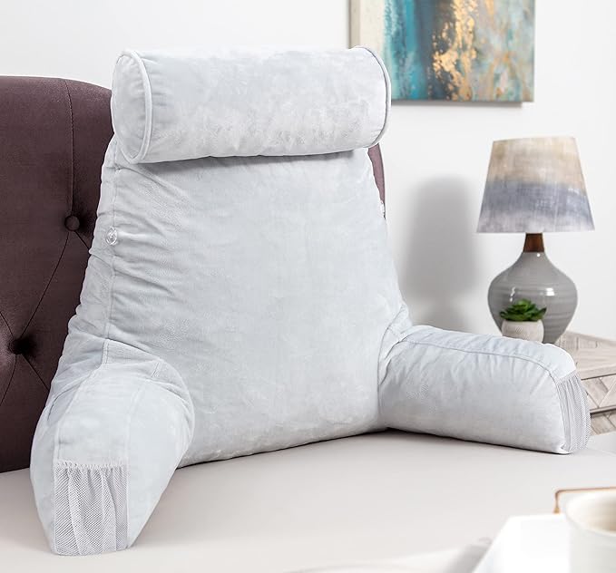Husband Pillow Medium Light Grey, Backrest for Kids, Teens, Petite Adults - Reading Pillows with Arms, Adjustable Loft, Plush Memory Foam, Bed Rest Chair Sitting Up, Detach Neck Roll, Removable Cover
