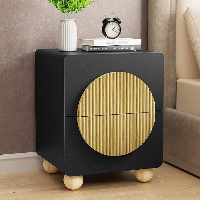 23" Black Nightstand with Solid Wood Legs, Modern Style Fluted Bedside Table with Round Moon Handle & Storage, Mid Century Cute Night Stand for Bedroom, Side Table, End Table