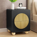 23" Black Nightstand with Solid Wood Legs, Modern Style Fluted Bedside Table with Round Moon Handle & Storage, Mid Century Cute Night Stand for Bedroom, Side Table, End Table