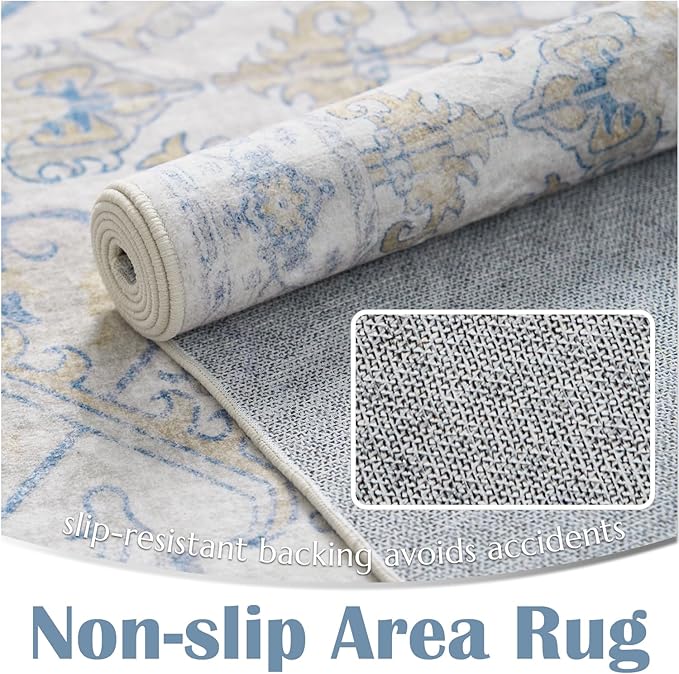 jinchan Hallway Runner Rug 2x10 Machine Washable - Vintage Floral Non-Slip Low-Pile Soft Ultra-Thin Faux Wool Kitchen Rug Distressed Carpet Runner for Farmhouse Bedroom Laundry Room (2x10ft, Blue)