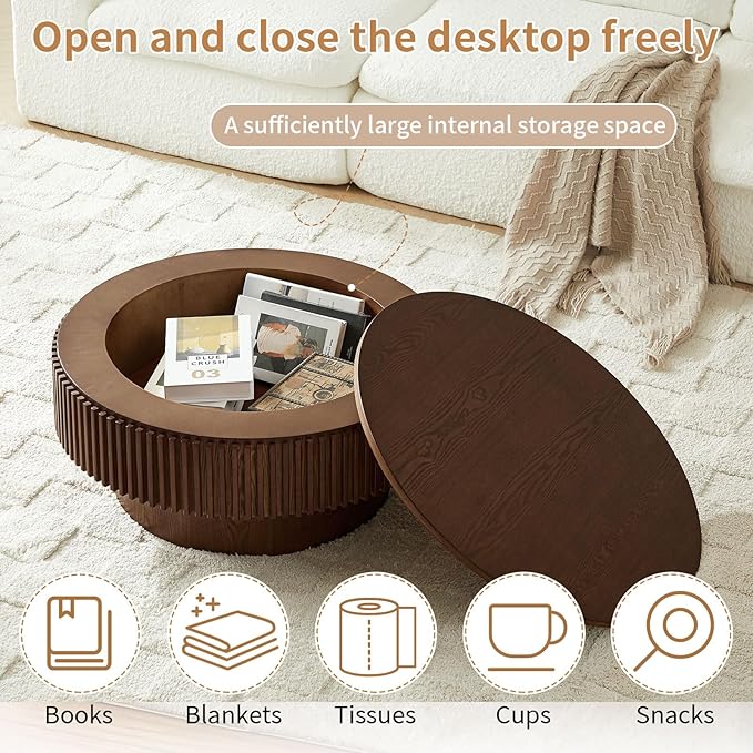 LKTART Round Coffee Table for Living Room, Accent Fluted Drum Coffee Table with Storage, Modern Solid Wood Veneered Circle Center Tea Table for Small Space Apartment (31.5''D×14''H-Walnut)
