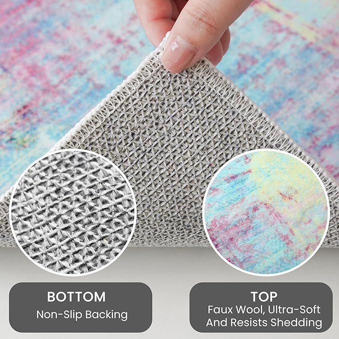 IOHOUZE Abstract Area Rugs 6x9 Ft Washable Rugs for Living Room, Non Slip Dining Room Rug, Printed Faux Wool Rugs for Bedroom, Floor Carpet for Office Nursery Playroom, Pink Teal