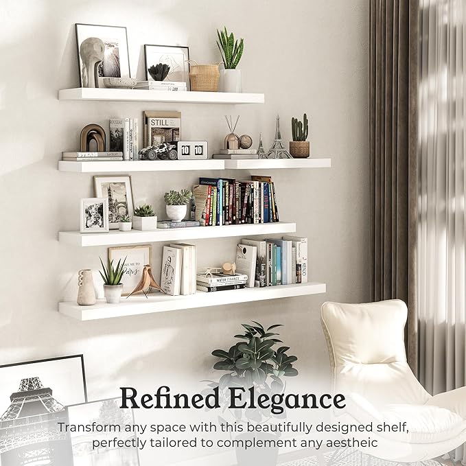 Floating Shelves for Wall, 9.3" Deep Wall Mounted Wood Shelves for Bathroom, Bedroom, Living Room, Kitchen, Hanging Shelf for Books/Storage/Room Decor (White 40")