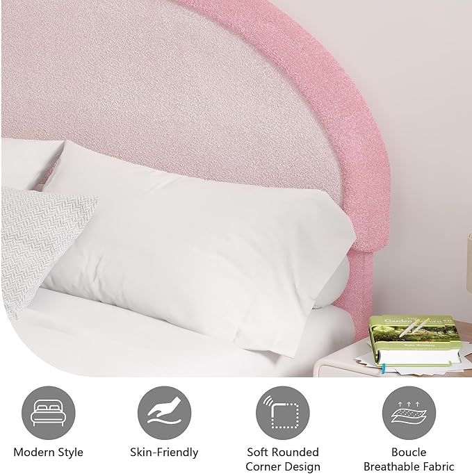 Full Size Bed Frame, Boucle Upholstered Platform Bed Frame with Headboard, Pink Bed Frame, Soft Rounded Corners, No Box Spring Required, Easy Assembly