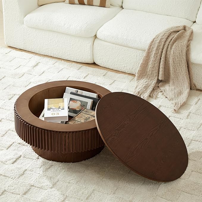 LKTART Round Coffee Table for Living Room, Accent Fluted Drum Coffee Table with Storage, Modern Solid Wood Veneered Circle Center Tea Table for Small Space Apartment (31.5''D×14''H-Walnut)