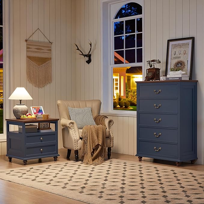 24" Wide Farmhouse Nightstand Set of 2, 54" 7 Drawers Dresser, 45" Tall Rustic Chests of 5 Drawers w/ 4 Solid Wood Feet, Farmhouse Furniture Series for Living Room,Bedroom,DarkBlue