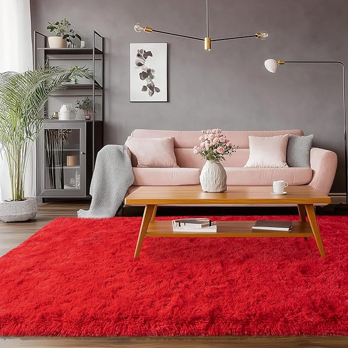 Soft Red Rugs for Bedroom, 4x6 Fluffy Fuzzy Shaggy Rugs for Living Room, Non-Slip Bedside Shag Rug Carpet for Kids Room Nursery Dorm Home Decor
